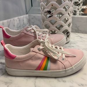 Pink sneakers. Rainbow accent white sole